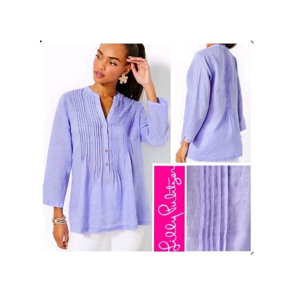 Lilly Pulitzer Sarasota Tunic Pleated 100% Linen Womens XS Purple‎ Lilac